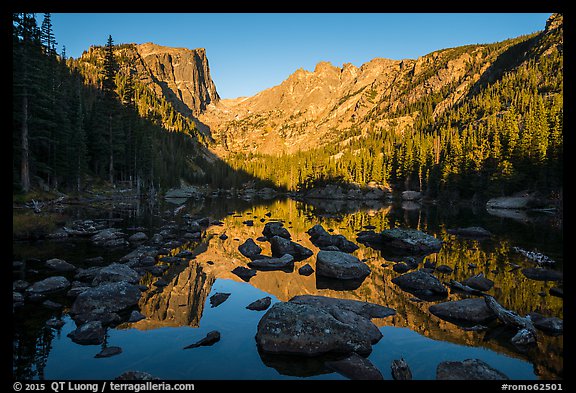 Hallet Peak and Flattop Mountain reflected in Dream Lake. Rocky Mountain National Park, Colorado, USA.