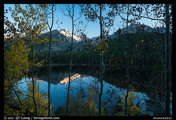 Bear Lakes and Longs Peak through trees with autumn leaves. Rocky Mountain National Park (color)
