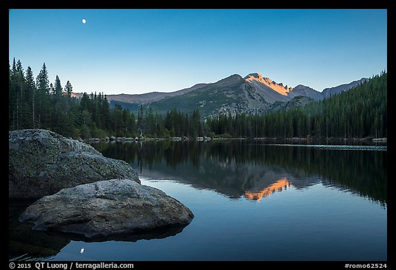 Bear Lake, Longs Peak, boulder and moon. Rocky Mountain National Park (color)