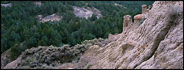 Badlands, caprock chimneys, and forest. Theodore Roosevelt National Park (Panoramic color)