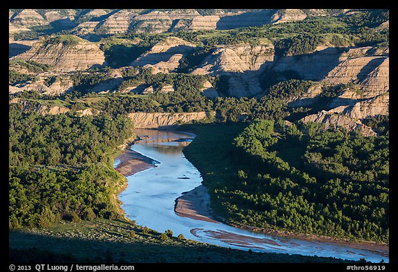 Little Missouri river bend and badlands in summer. Theodore Roosevelt National Park, North Dakota, USA.