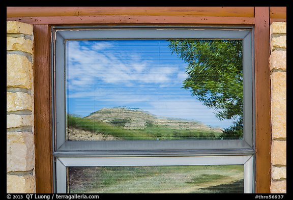 North Unit Visitor Center window reflexion. Theodore Roosevelt National Park, North Dakota, USA.