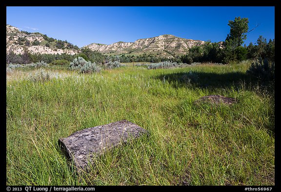 Roosevelt Elkhorn Ranch site with foundation stone. Theodore Roosevelt National Park, North Dakota, USA.