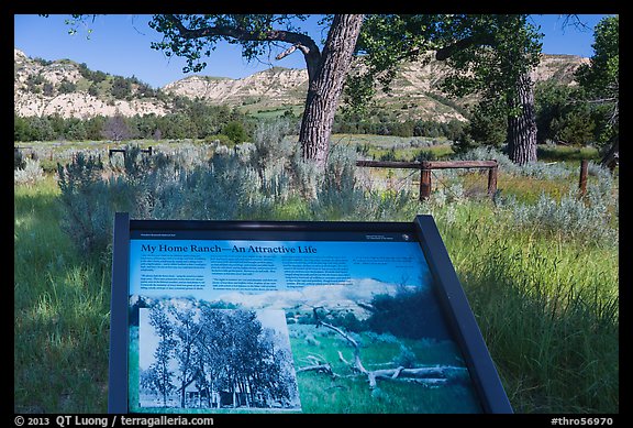 Interpretive sign, Roosevelt Elkhorn Ranch site. Theodore Roosevelt National Park, North Dakota, USA.