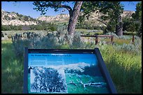 Interpretive sign, Roosevelt Elkhorn Ranch site. Theodore Roosevelt National Park, North Dakota, USA.