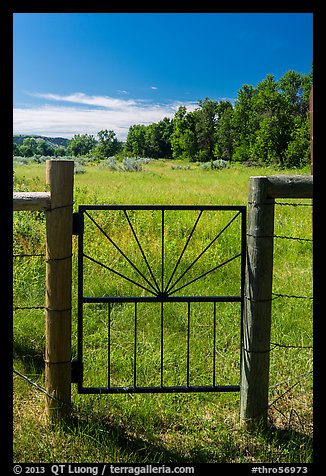 Entrance gate to Roosevelt Elkhorn Ranch site. Theodore Roosevelt National Park, North Dakota, USA.