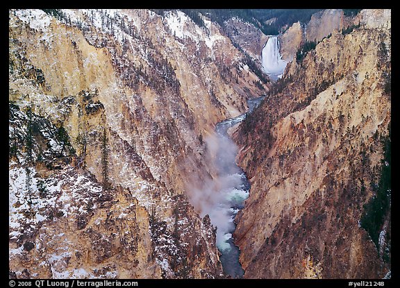 Grand Canyon of Yellowstone and Lower Falls with snow dusting. Yellowstone National Park, Wyoming, USA.