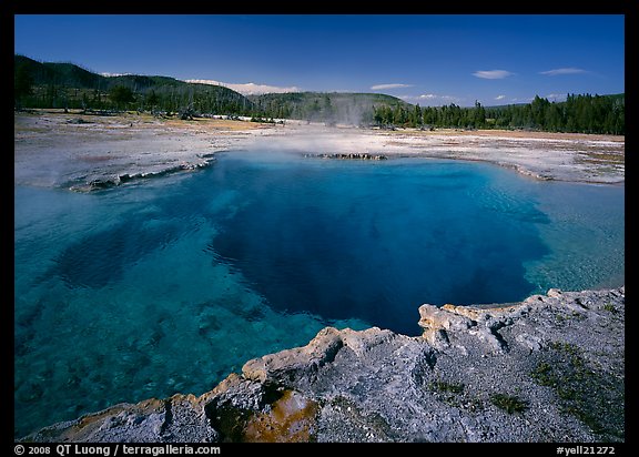 Blue clear waters in Sapphire Pool. Yellowstone National Park, Wyoming, USA.
