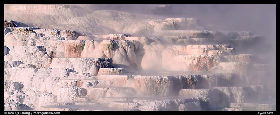 Travertine terraces and steam. Yellowstone National Park, Wyoming, USA.