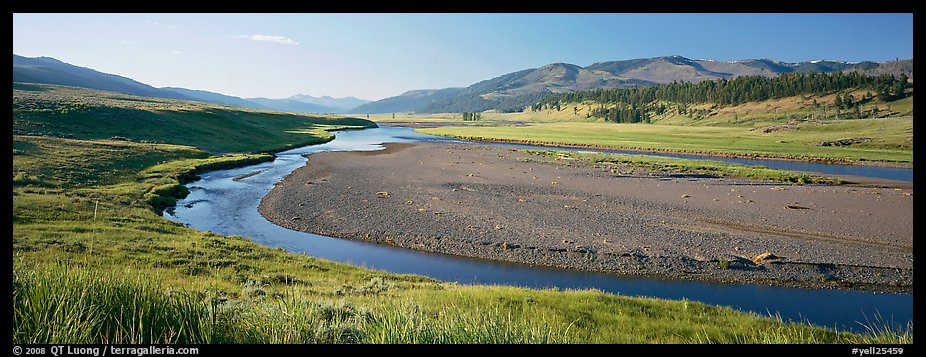 Wide valley and stream in summer. Yellowstone National Park (color)