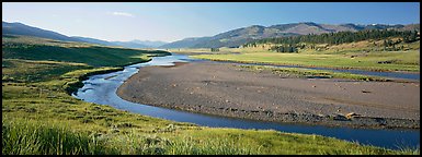 Wide valley and stream in summer. Yellowstone National Park (Panoramic color)