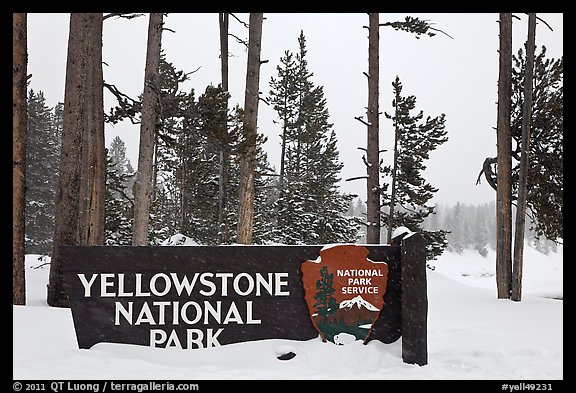 Park entrance sign in winter. Yellowstone National Park (color)