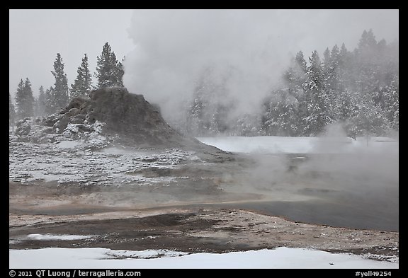 Castle geyser cone and steam in winter. Yellowstone National Park, Wyoming, USA.