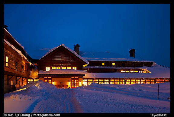 Old Faithful Snow Lodge at dusk, winter. Yellowstone National Park (color)
