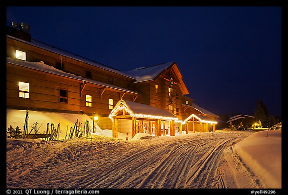 Old Faithful Snow Lodge at night, winter. Yellowstone National Park (color)