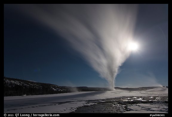 Old Faithful Geyser erupts at night. Yellowstone National Park (color)
