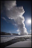 Old Faithful Geyser in the winter with moon. Yellowstone National Park ( color)
