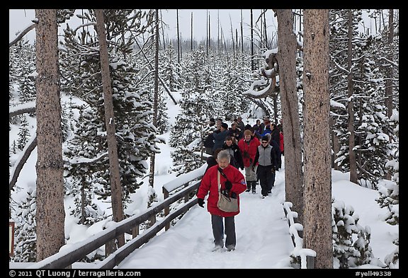 Tourists on boardwalk in winter. Yellowstone National Park, Wyoming, USA.