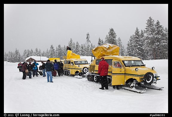Winter tour snow coaches unloading, Flagg Ranch. Yellowstone National Park, Wyoming, USA.