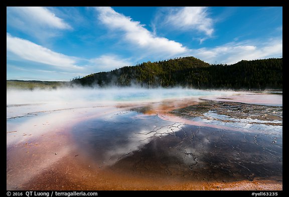 Grand Prismatic Springs with reflected clouds. Yellowstone National Park, Wyoming, USA.