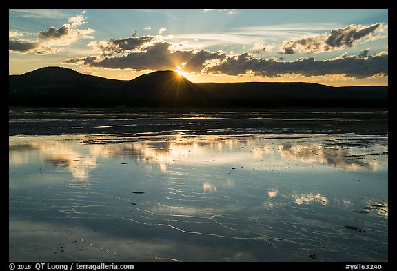 Reflections at sunset, Grand Prismatic Springs. Yellowstone National Park, Wyoming, USA.