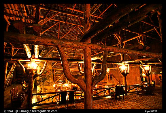 Wooden structures inside Old Faithful Inn. Yellowstone National Park, Wyoming, USA.