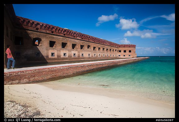 Park visitor looking, North Beach and Fort Jefferson. Dry Tortugas National Park, Florida, USA.