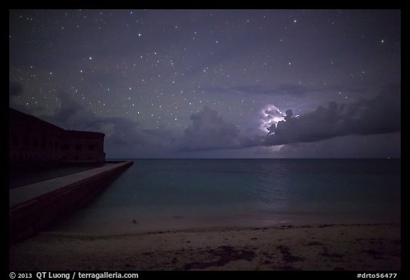 Fort Jefferson and beach at night with cloud electric storm. Dry Tortugas National Park (color)