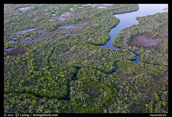 Aerial view of river and lake with chickees. Everglades National Park (color)