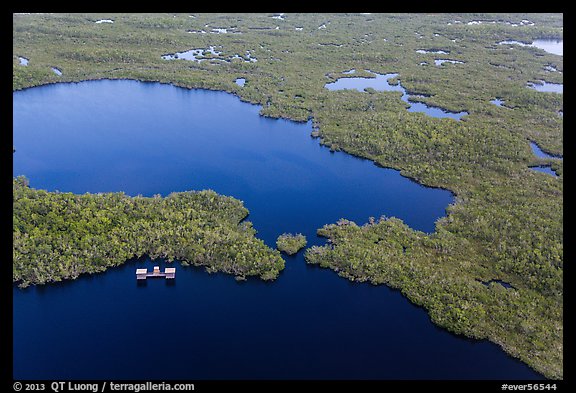 Aerial view of lake with elevated camping platforms (chickees). Everglades National Park, Florida, USA.