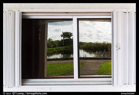 Slough, Royal Palms Visitor Center window reflexion. Everglades National Park, Florida, USA.