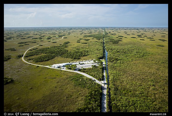 Aerial view of visitor center and loop road, Shark Valley. Everglades National Park, Florida, USA.