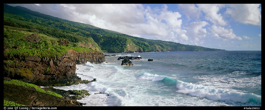 Coastline with volcanic cliffs and strong surf. Haleakala National Park, Hawaii, USA.