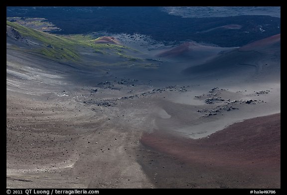 Red Cinder flow and green vegetated ridge in Haleakala Crater. Haleakala National Park (color)