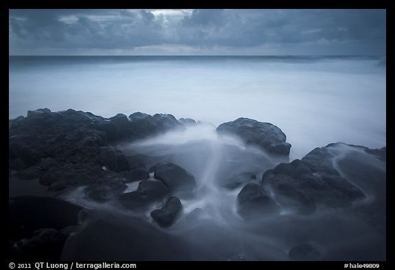 Long exposure of ocean and rocks, Kuloa Point. Haleakala National Park, Hawaii, USA.