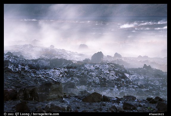 Fumeroles and hardened lava, early morning. Hawaii Volcanoes National Park (color)