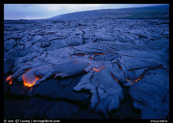 Field of lava flowing at dusk near end of Chain of Craters road. Hawaii Volcanoes National Park (color)