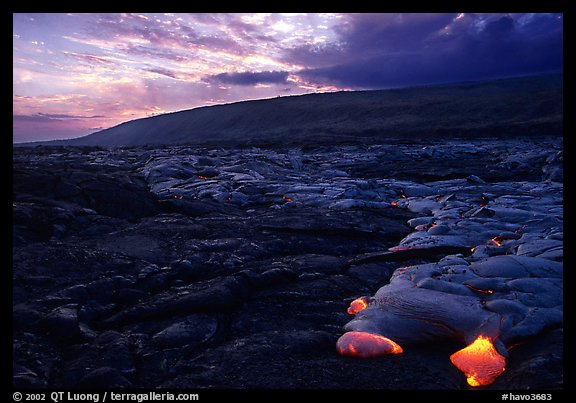 Live lava advancing at sunset. Hawaii Volcanoes National Park (color)