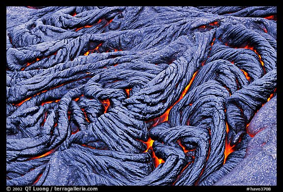 Braids of pahoehoe lava with red hot lava showing through cracks. Hawaii Volcanoes National Park (color)
