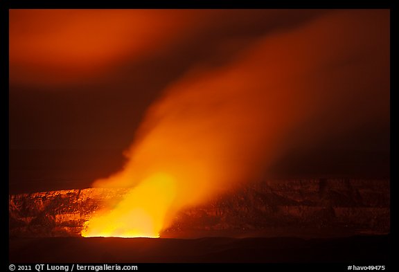 Incandescent glow illuminates venting gas plume by night, Kilauea summit. Hawaii Volcanoes National Park (color)