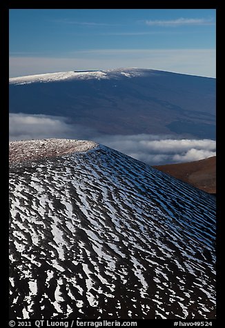 Snowy cinder cone and Mauna Loa summit. Hawaii Volcanoes National Park, Hawaii, USA.