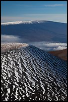 Snowy cinder cone and Mauna Loa summit. Hawaii Volcanoes National Park, Hawaii, USA. (color)