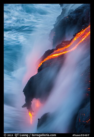 Glowing lava flow reaching the sea. Hawaii Volcanoes National Park, Hawaii, USA.