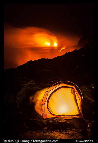 Camping by lava flow next to ocean. Hawaii Volcanoes National Park (color)