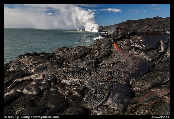 Molten lava flow at the coast. Hawaii Volcanoes National Park, Hawaii, USA.