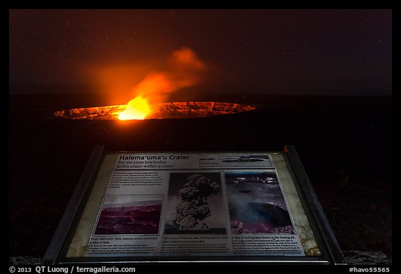 Interpretive sign, Halemaumau crater. Hawaii Volcanoes National Park, Hawaii, USA.