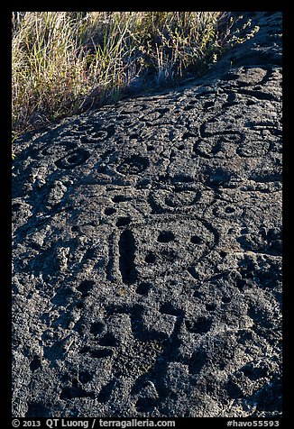 Hardened lava with panel of pecked images. Hawaii Volcanoes National Park, Hawaii, USA.