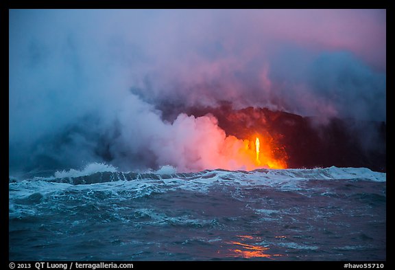 Lava flows creating huge clouds of hydrochloric steam upon meeting with ocean. Hawaii Volcanoes National Park, Hawaii, USA.