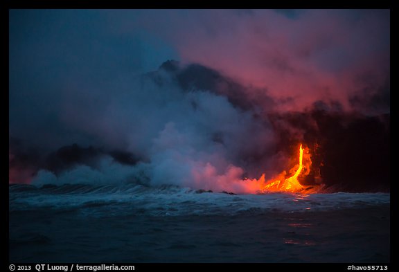 Lava flow seen from the ocean at dawn. Hawaii Volcanoes National Park, Hawaii, USA.