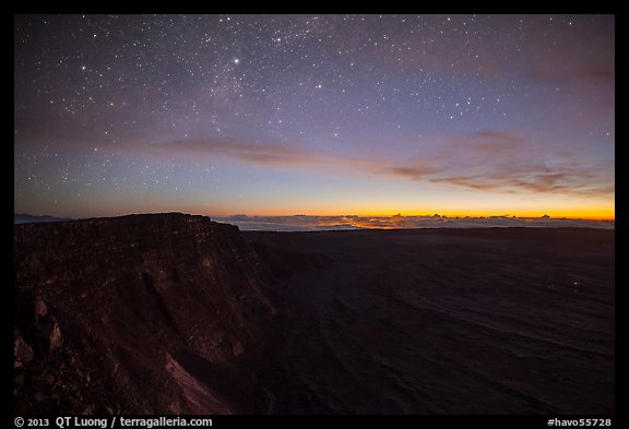 Stars, Mauna Loa summit cliffs, Mokuaweoweo crater, Halemaumau glow at dawn. Hawaii Volcanoes National Park, Hawaii, USA.